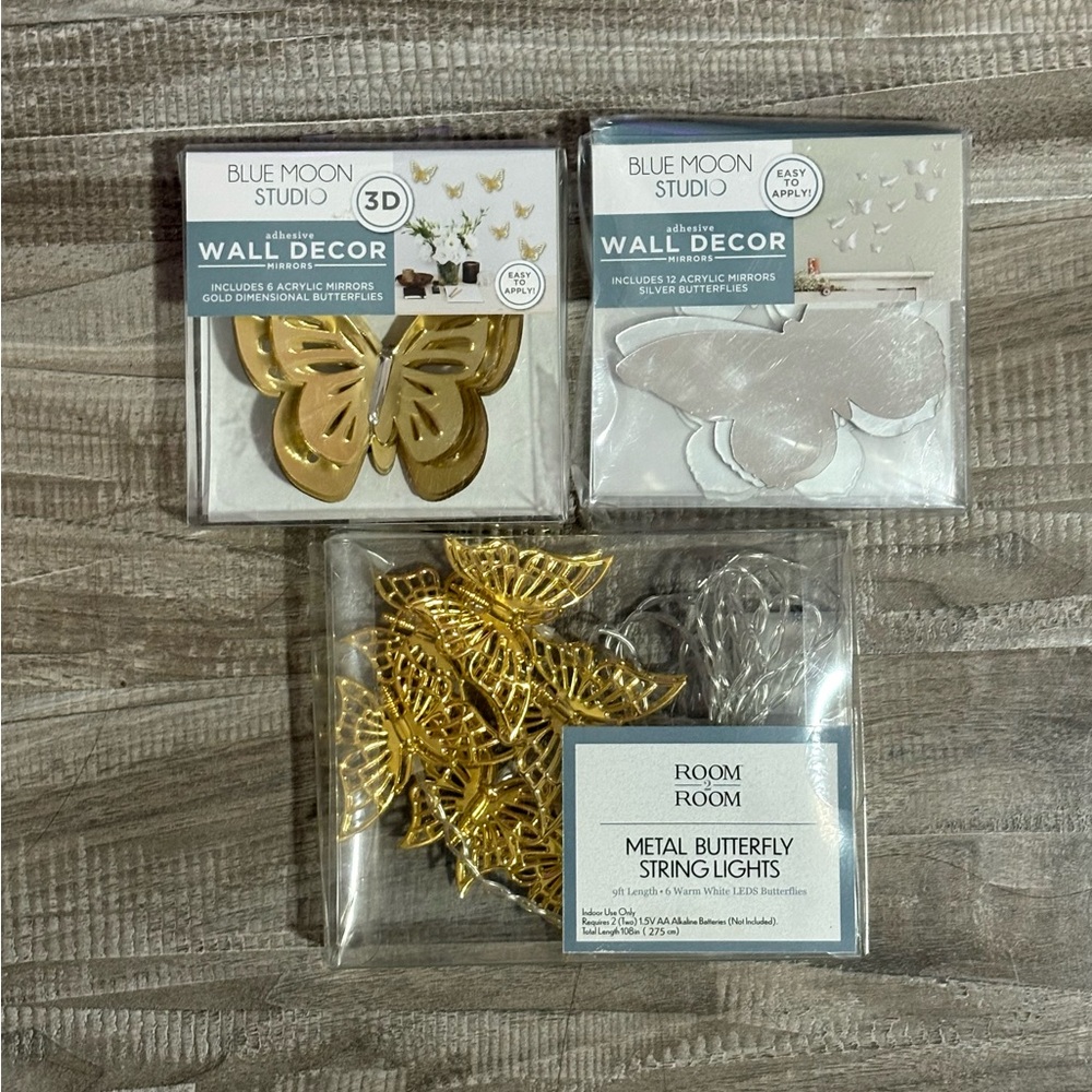 ! NEW! Butterflies Girls Room Decor Gold and Silver Bundle Wall Art Set of 3